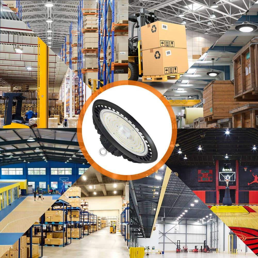 Honbei 12in.600-Watt Equivalent Integrated LED Dimmable Black High Bay Light,5000K Daylight UFO High Bay Light 28000Lm 3Pack