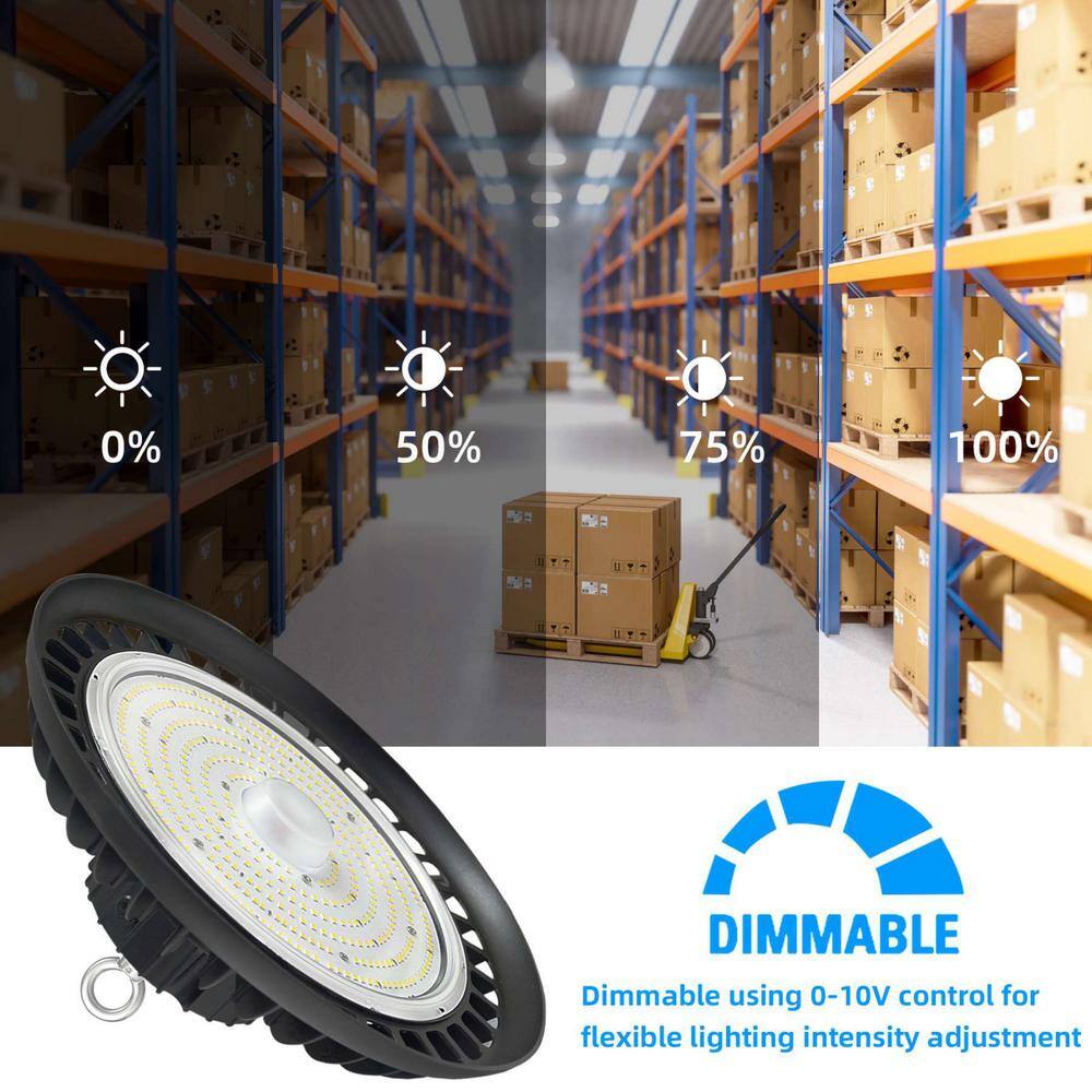 Honbei 12in.600-Watt Equivalent Integrated LED Dimmable Black High Bay Light,5000K Daylight UFO High Bay Light 28000Lm 3Pack