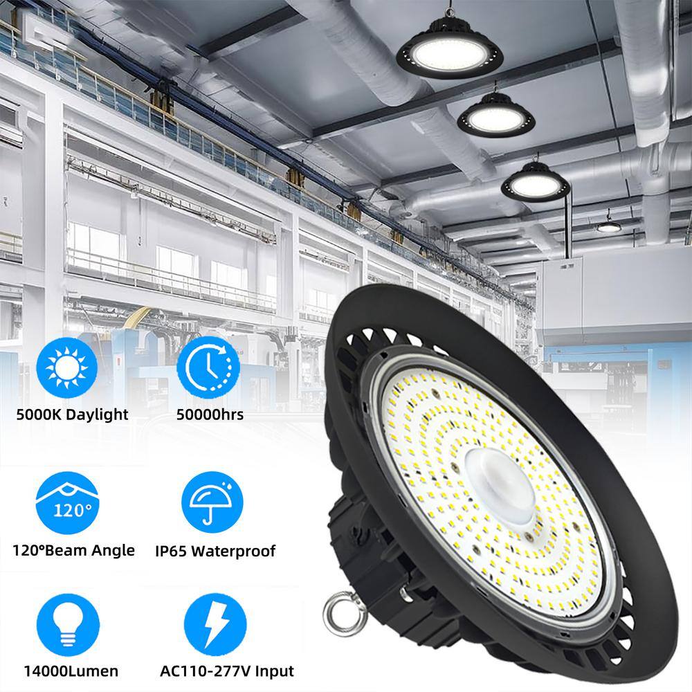 Honbei 12 in. 600-Watt Equivalent Integrated LED Dimmable Black UFO High Bay Light, 5000K Commercial Lighting  Workshop 3-Pack