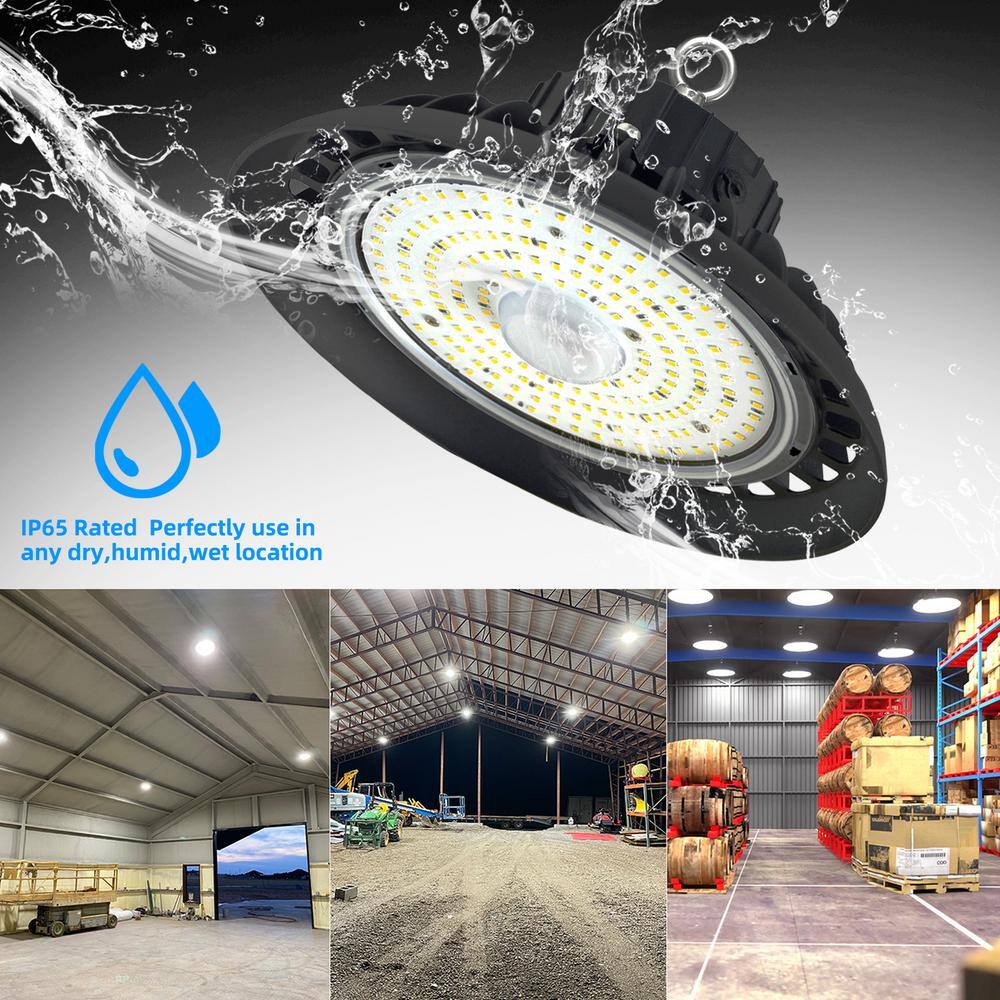 Honbei 12 in. 600-Watt Equivalent Integrated LED Dimmable Black UFO High Bay Light, 5000K Commercial Lighting  Workshop 3-Pack