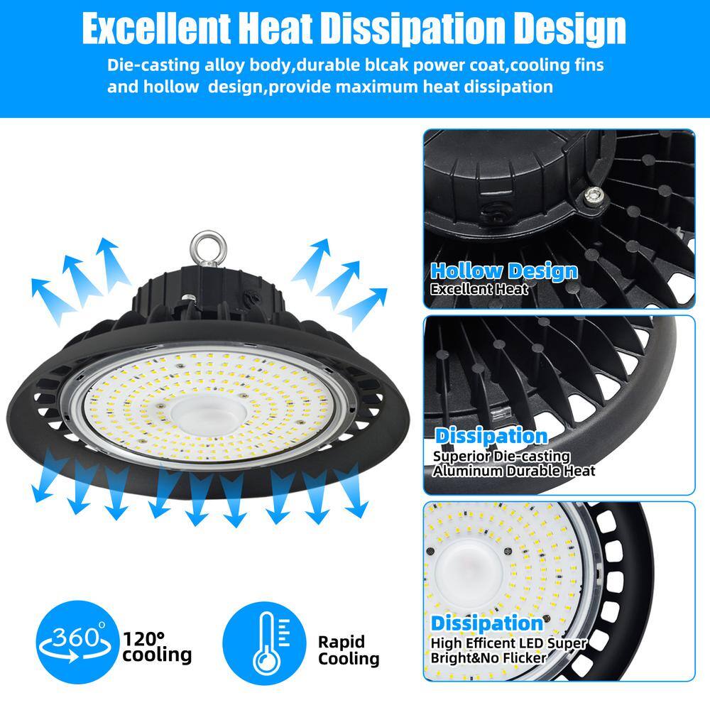 Honbei 12 in. 600-Watt Equivalent Integrated LED Dimmable Black UFO High Bay Light, 5000K Commercial Lighting  Workshop 3-Pack