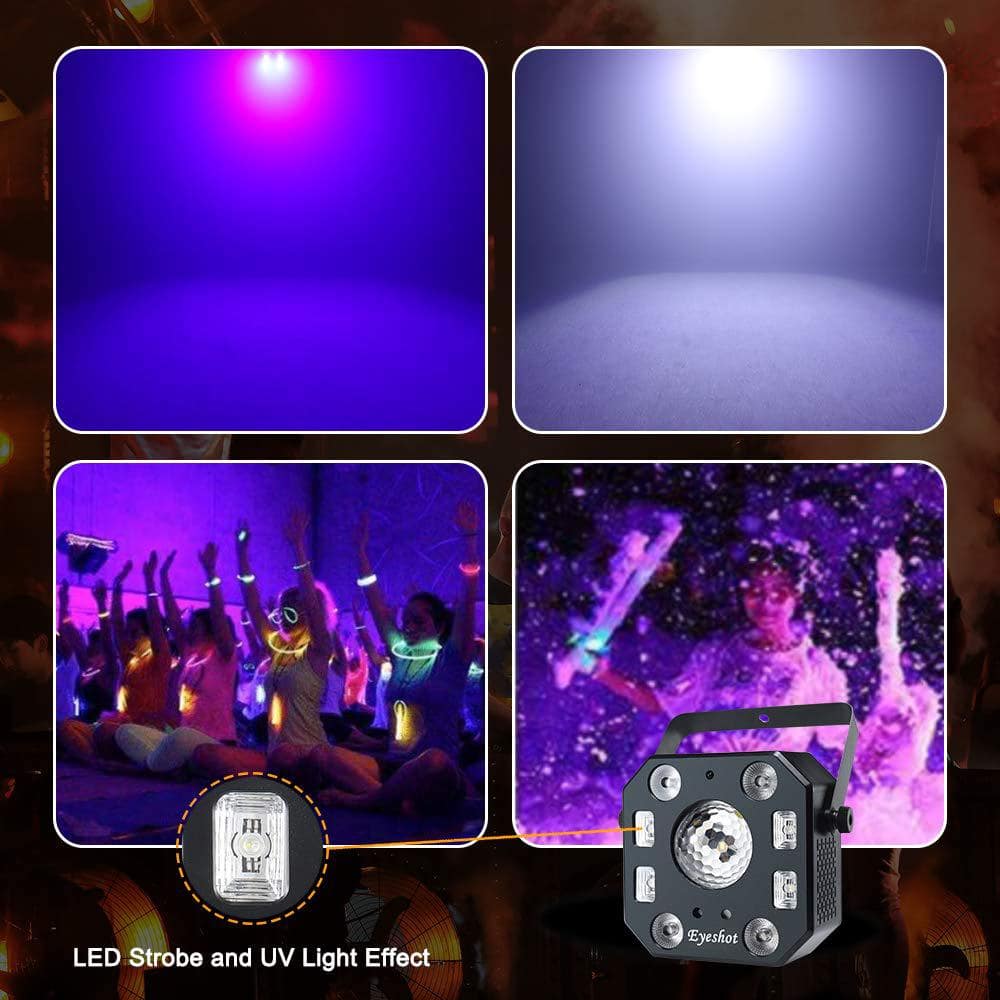 5 in 1 Stage Light Disco, Eyeshot with Magic Ball, Led Par Pattern Strobe Light with UV Effect, Remote and DMX Control