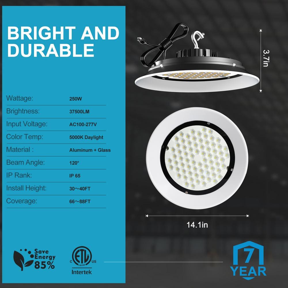 bulbeats 8Pack of 250W LED High Bay Light 37500LM High Bay LED Shop Lights AC100-277V Commercial Bay Lighting for Warehouse