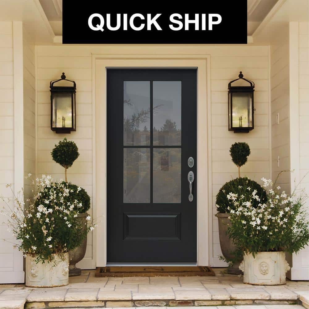 JELD-WEN 36 in. x 80 in. Left-Hand 4 Lite Clear Glass Black Painted Fiberglass Prehung Front Door with Brickmould