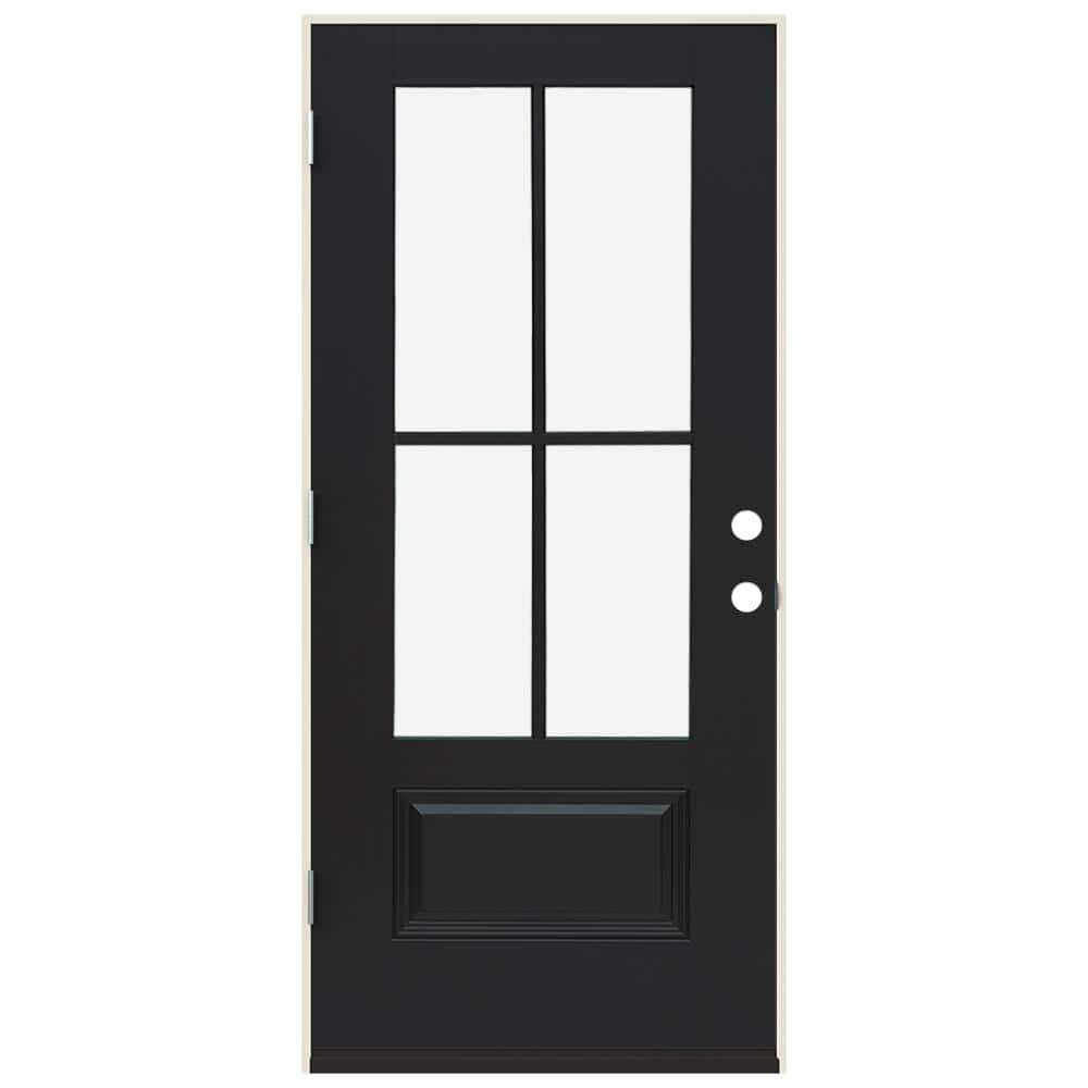 JELD-WEN 36 in. x 80 in. Right-Hand 4 Lite Clear Glass Black Painted Fiberglass Prehung Front Door with Brickmould