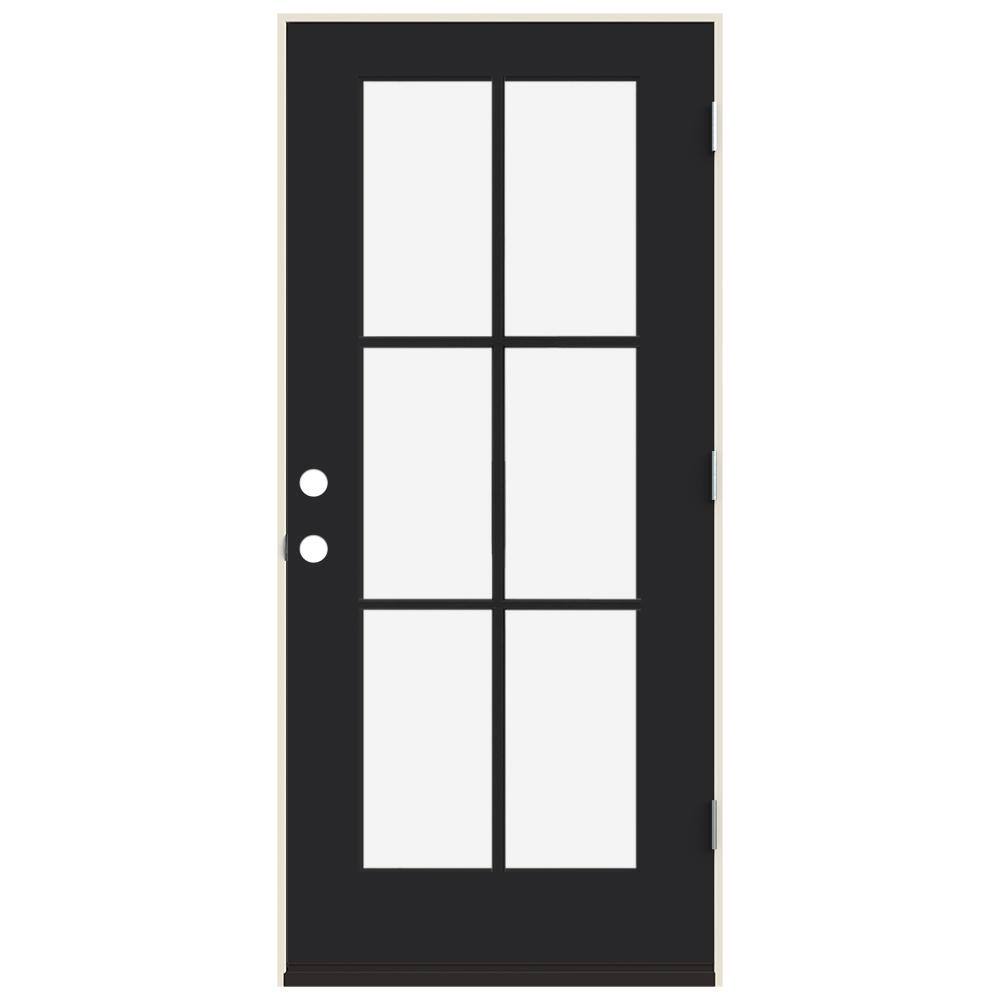 JELD-WEN 36 in. x 80 in. Left-Hand 6 Lite Clear Glass Black Painted Fiberglass Prehung Front Door with Brickmould