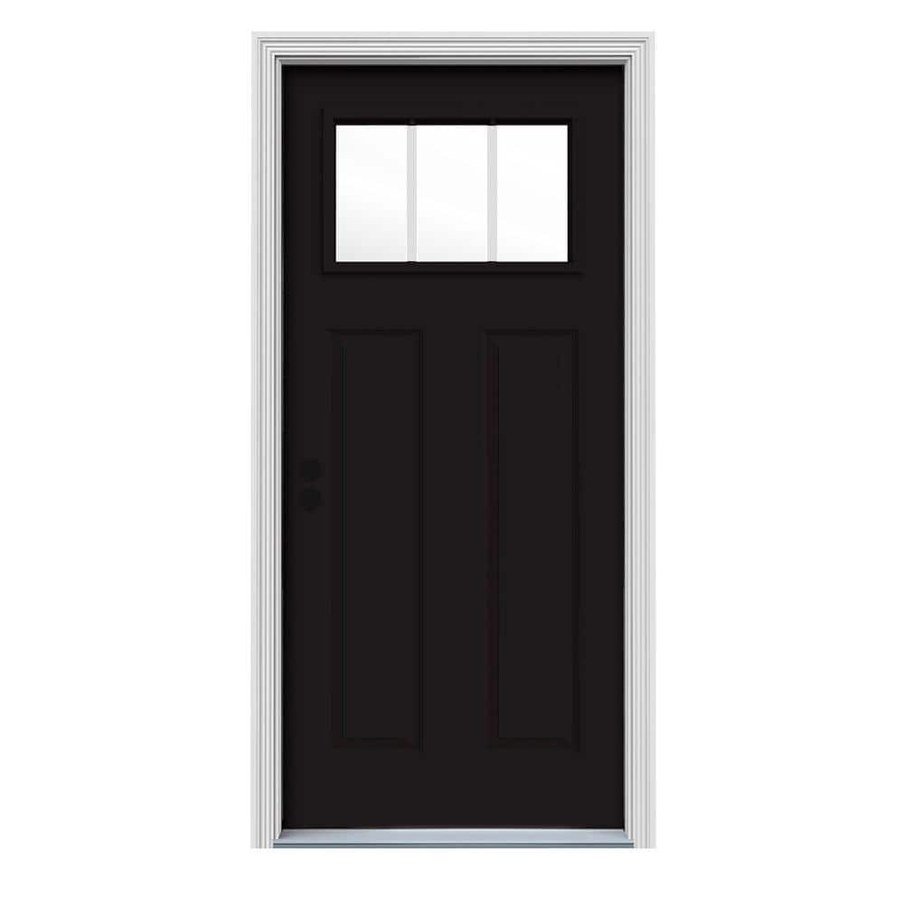 36 in. x 80 in. 3 Lite Craftsman Black Painted Steel Prehung Right-Hand Inswing Front Door w/Brickmould