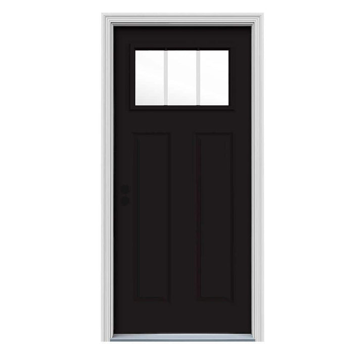 36 in. x 80 in. 3 Lite Craftsman Black Painted Steel Prehung Right-Hand Inswing Front Door w/Brickmould