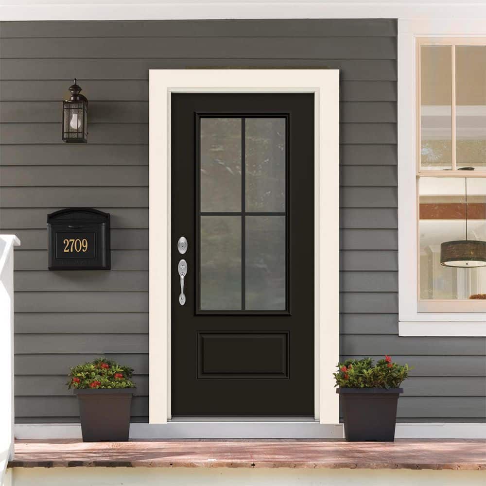 JELD-WEN 36 in. x 80 in. 1 Panel Right-Hand Inswing 3/4 Lite Clear Glass Black Steel Prehung Front Door