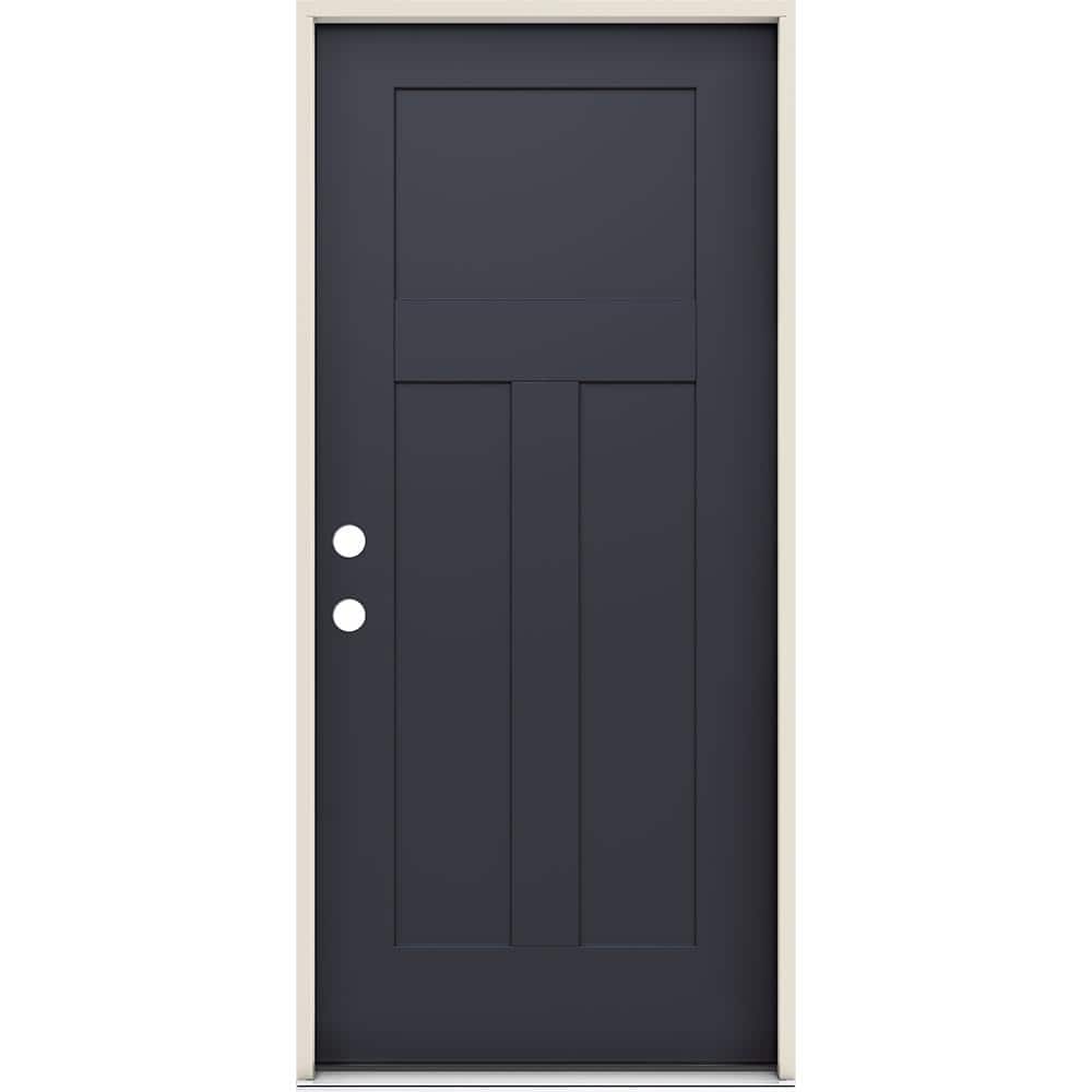 36 in. x 80 in. 3-Panel Right-Hand/Inswing Craftsman Black Steel Prehung Front Door