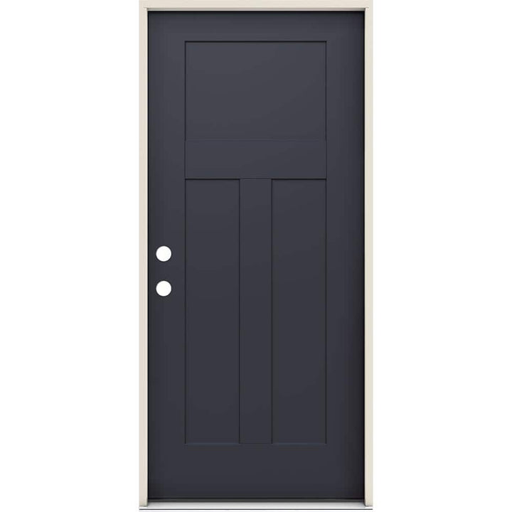 36 in. x 80 in. 3-Panel Right-Hand/Inswing Craftsman Black Steel Prehung Front Door