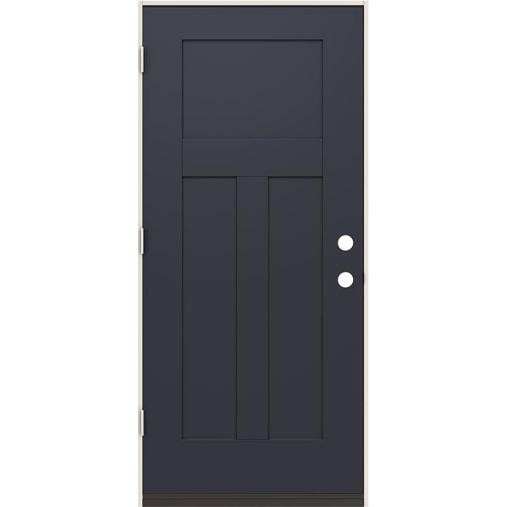 36 in. x 80 in. 3-Panel Right-Hand/Inswing Craftsman Black Steel Prehung Front Door