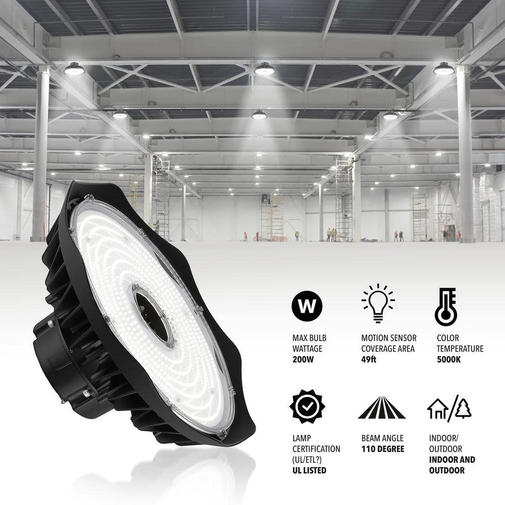 JONATHAN Y 200-Watt Equivalent Integrated LED Motion Sensor Black High Bay Light Indoor/Outdoor UFO Light 26000 Lumens 5000K