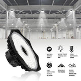 JONATHAN Y 200-Watt Equivalent Integrated LED Motion Sensor Black High Bay Light Indoor/Outdoor UFO Light 26000 Lumens 5000K