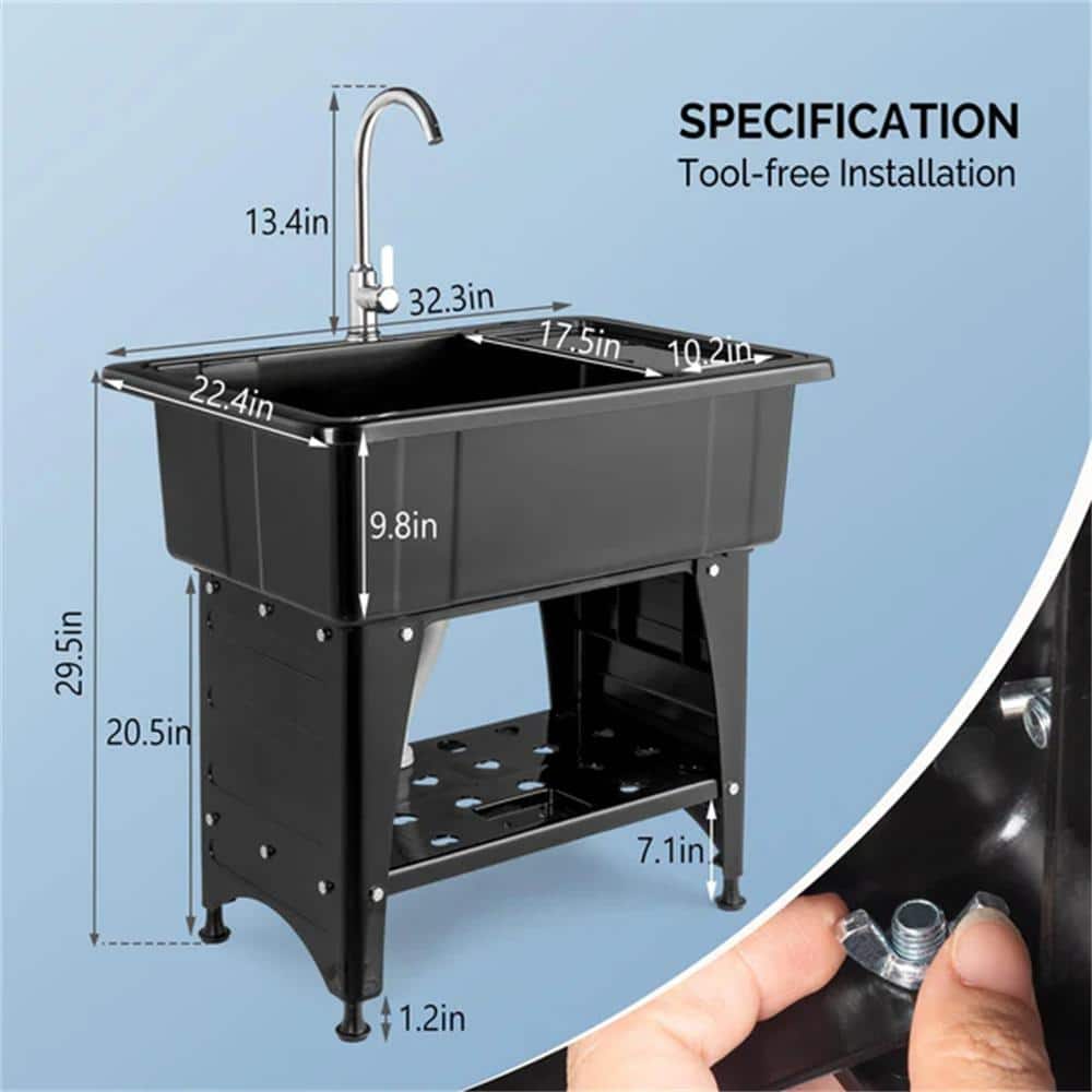 Karl Home Freestanding Laundry Utility Sink with Faucet, Black, 32.3" x 22.4"
