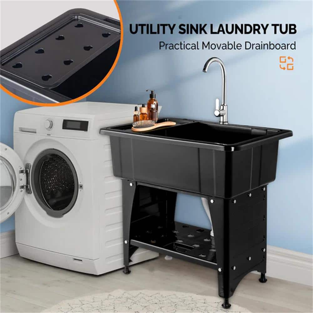 Karl Home Freestanding Laundry Utility Sink with Faucet, Black, 32.3" x 22.4"