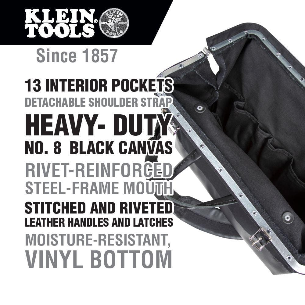 Klein Tools Deluxe Canvas Tool Bag with Shoulder Strap, Black, 13 Interior Pockets, 18 in.