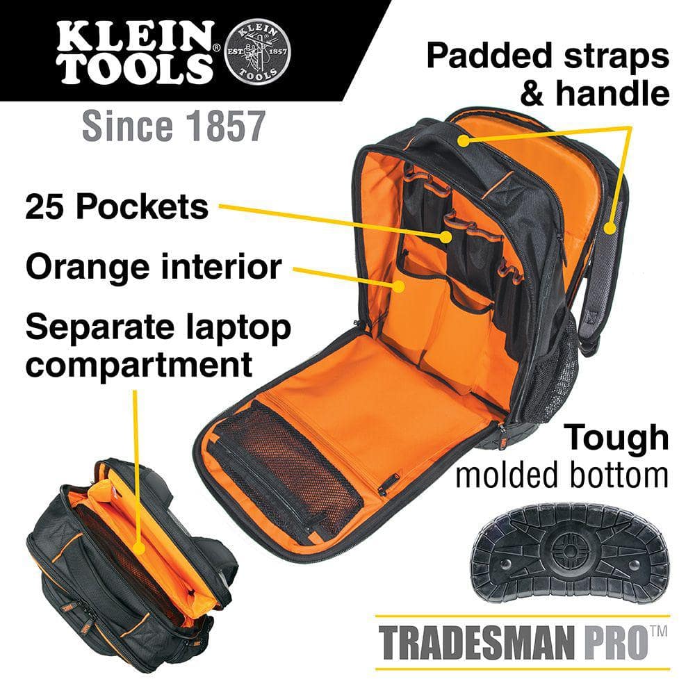 Klein Tools Tradesman Pro Organizer Technician’s Jobsite Tool Backpack with Laptop Pocket, 14 in. W x 18.5 in. H x 7 in. D (Model 55456BPL)