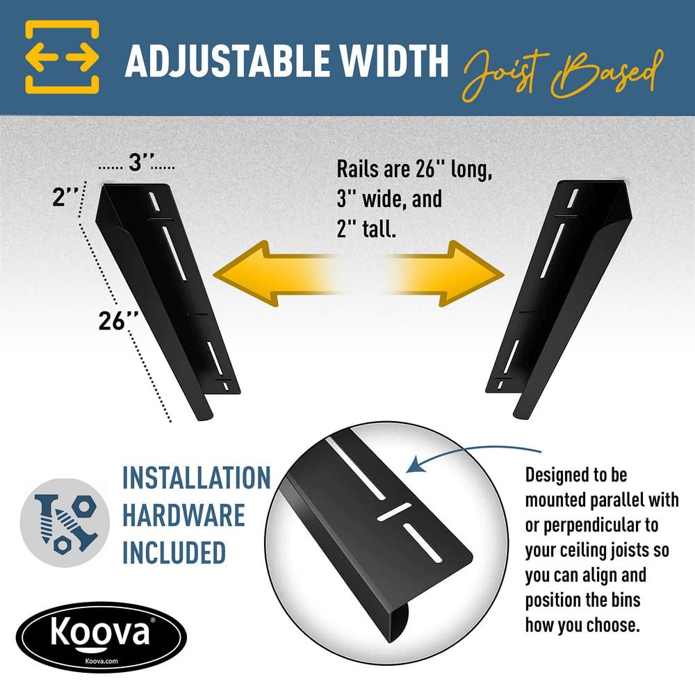 KOOVA 3 in. W x 2 in. H x 26 in. D 1-Bin Rack Adjustable Height Overhead Garage Ceiling Mounted Storage Unit Black