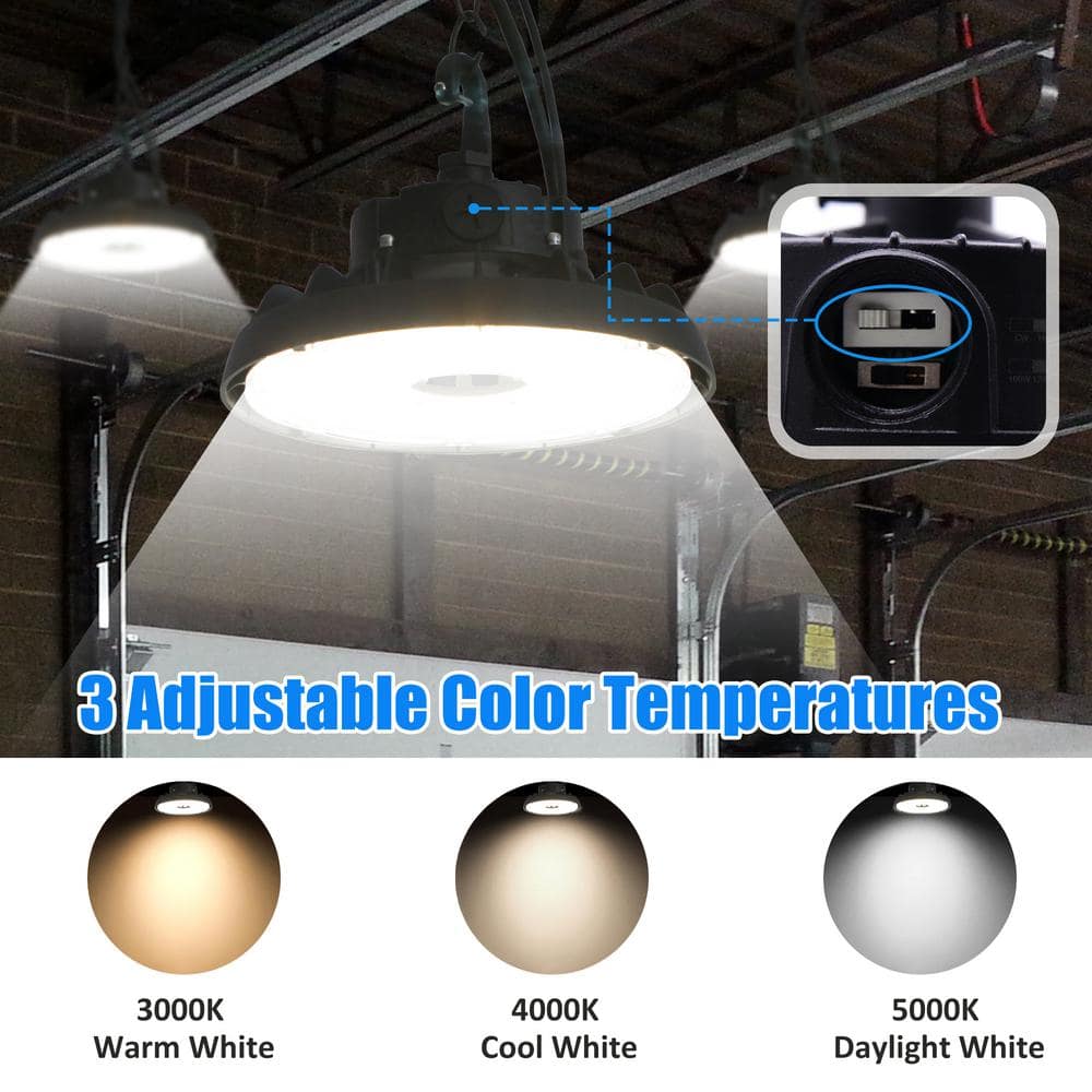 Lecoht 10 in. 100/120/150-Watt Selectable Commercial Lighting Black UFO High Bay Garage Light, 3000/4000/5000K