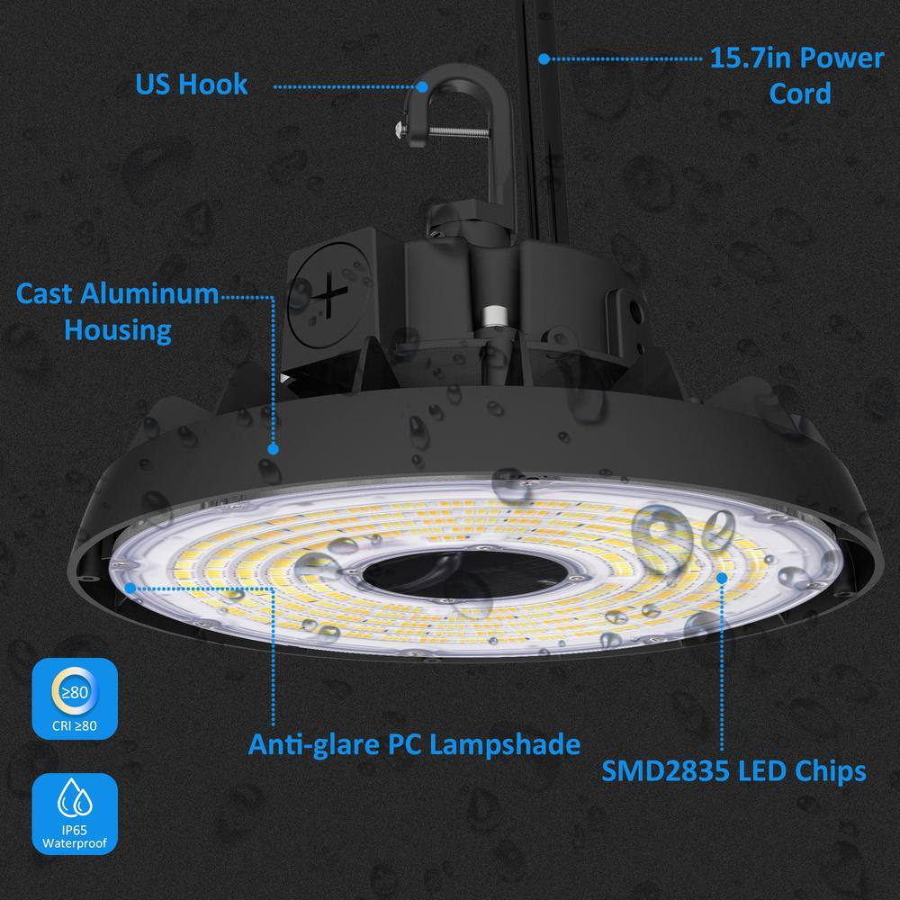 Lecoht 10 in. 100/120/150-Watt Selectable Commercial Lighting Black UFO High Bay Garage Light, 3000/4000/5000K