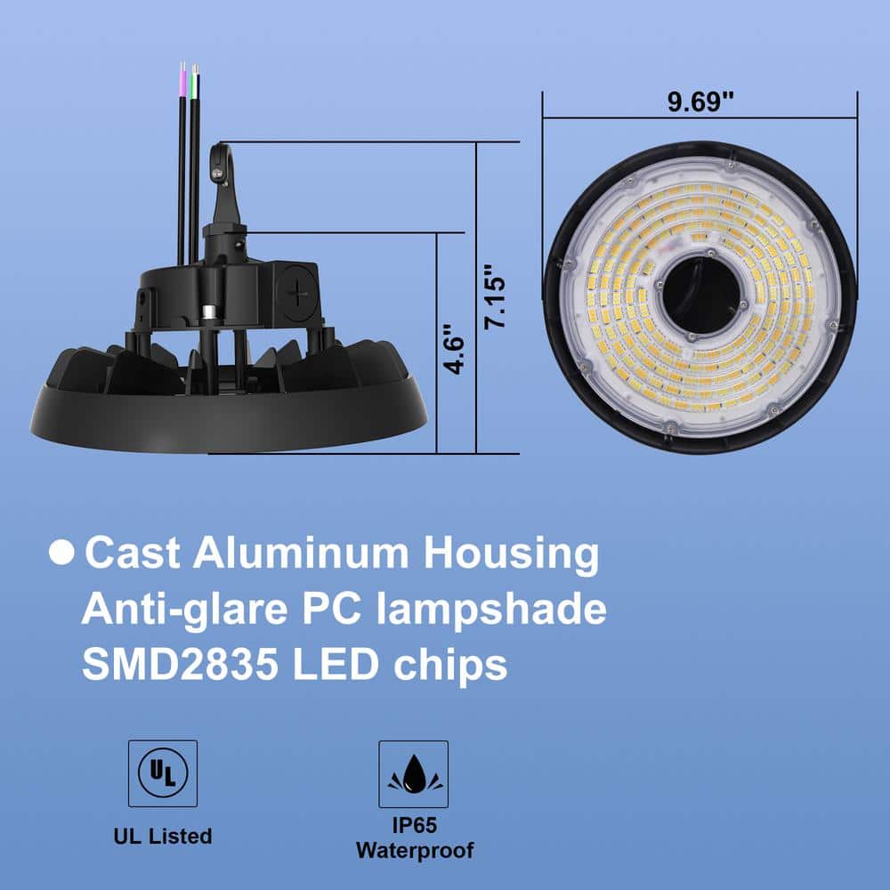 Lecoht 10 in. 100/120/150-Watt Selectable Commercial Lighting Black UFO High Bay Garage Light, 3000/4000/5000K