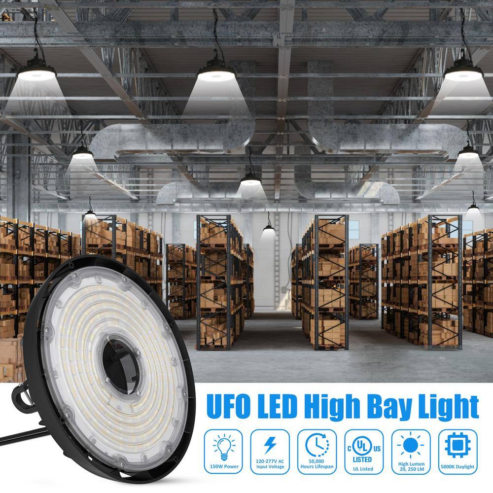 Lecoht 10 in. 150W Integrated LED Dimmable Black High Bay Light UFO 5000K 20250 Lumens IP65