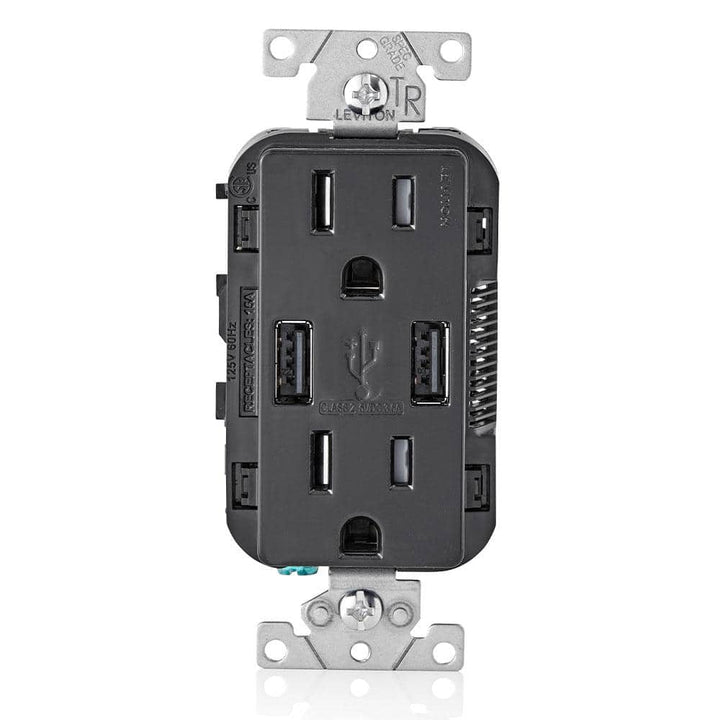 Leviton 3.6A USB Dual Type A In‑Wall Charger with 15A Tamper‑Resistant Outlets, Black
