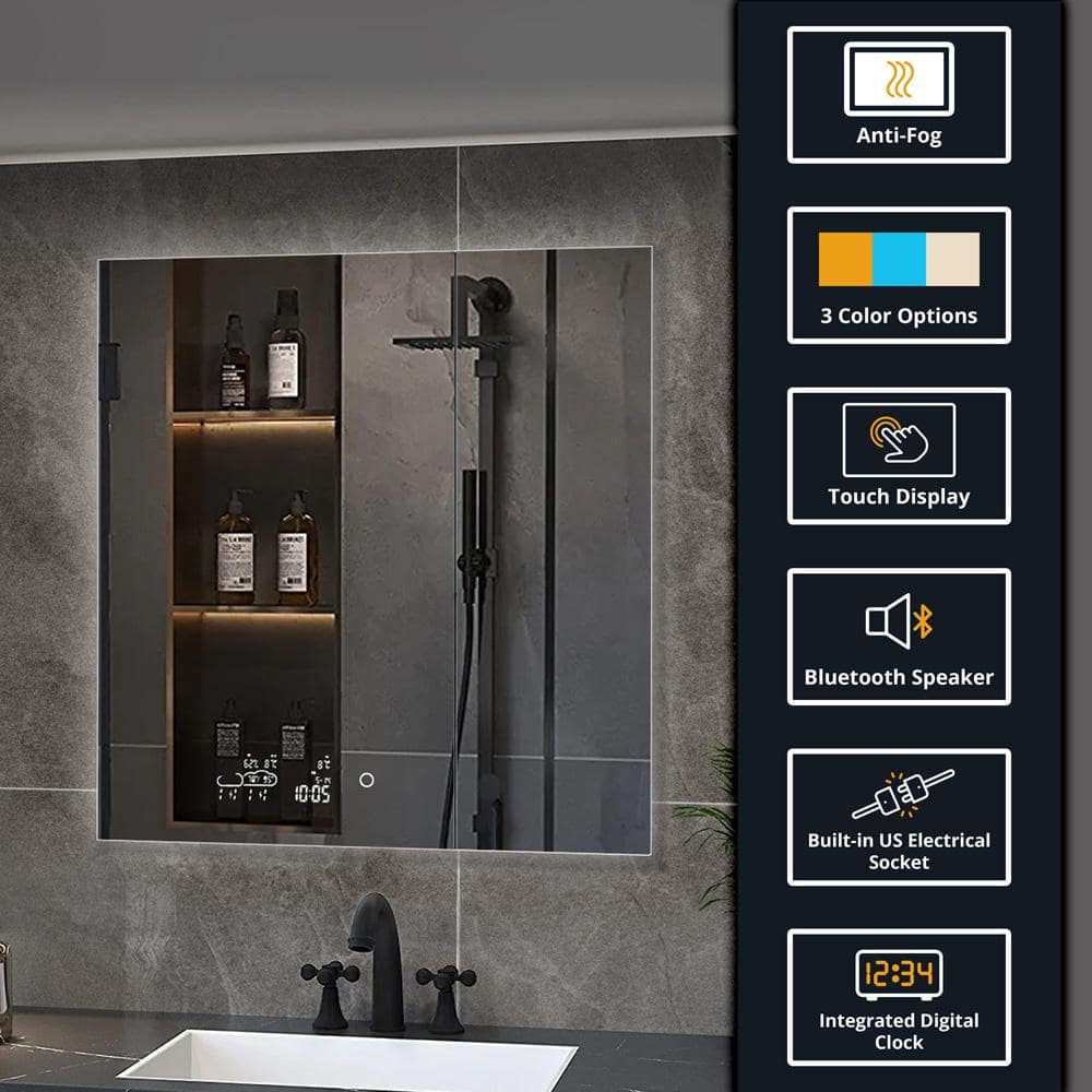 Lexora Savera 30 in. W x 32 in. H Recessed or Surface-Mount LED Mirror Medicine Cabinet with Defogger