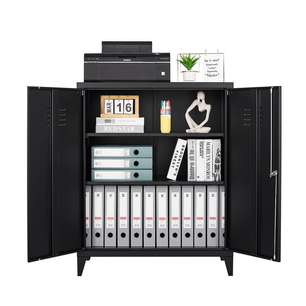LISSIMO 31.5 in. W 2-Shelf Locker, Lockable Home Office Storage Cabinets with 2 Doors and Shelves for Home, Office in Black