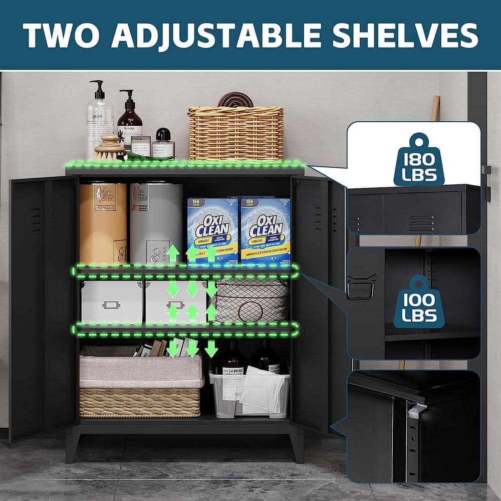 LISSIMO 31.5 in. W 2-Shelf Locker, Lockable Home Office Storage Cabinets with 2 Doors and Shelves for Home, Office in Black