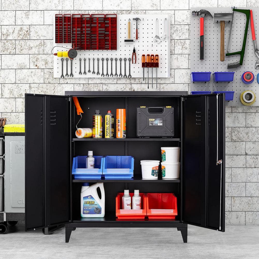 LISSIMO 31.5 in. W 2-Shelf Locker, Lockable Home Office Storage Cabinets with 2 Doors and Shelves for Home, Office in Black