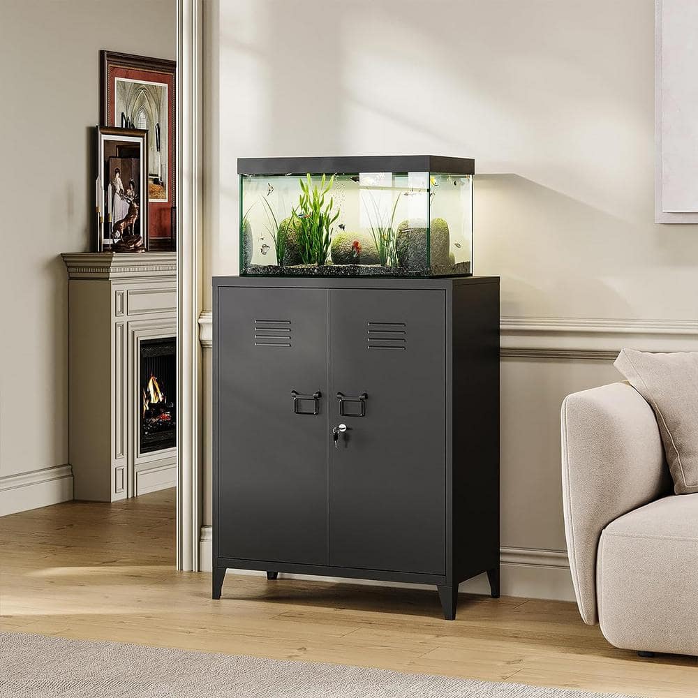 LISSIMO 31.5 in. W 2-Shelf Locker, Lockable Home Office Storage Cabinets with 2 Doors and Shelves for Home, Office in Black