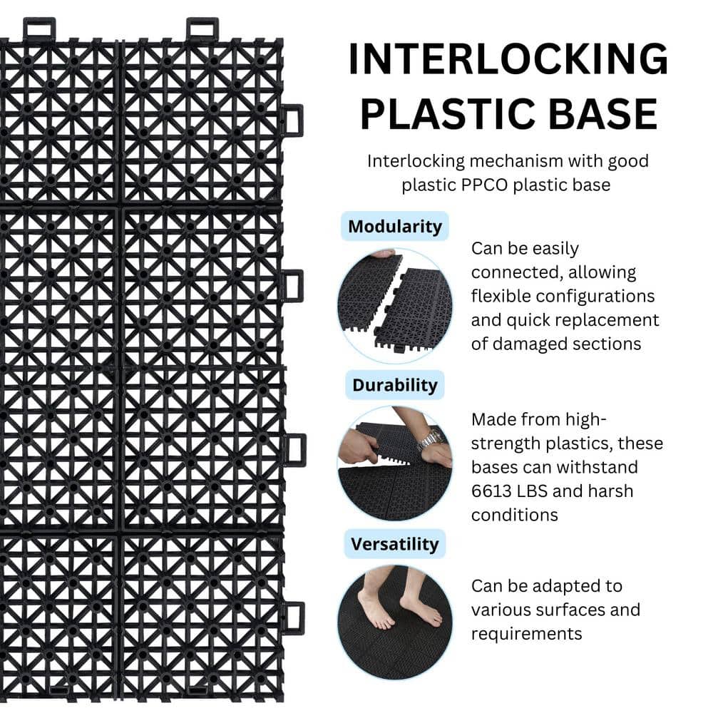 LIVIZA 1 ft. x 1 ft. Anti-Slip Plastic Deck Tile in Black (12-Piece), Rosette Pattern