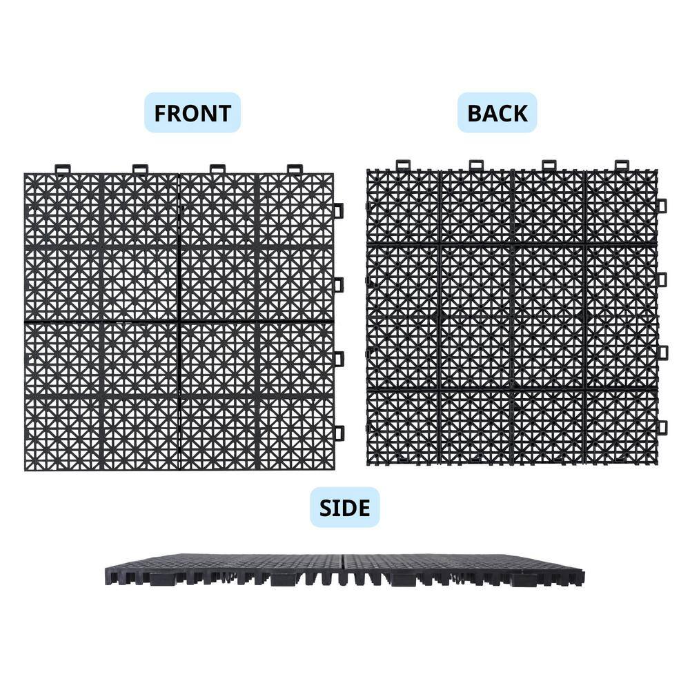 LIVIZA 1 ft. x 1 ft. Anti-Slip Plastic Deck Tile in Black (12-Piece), Rosette Pattern
