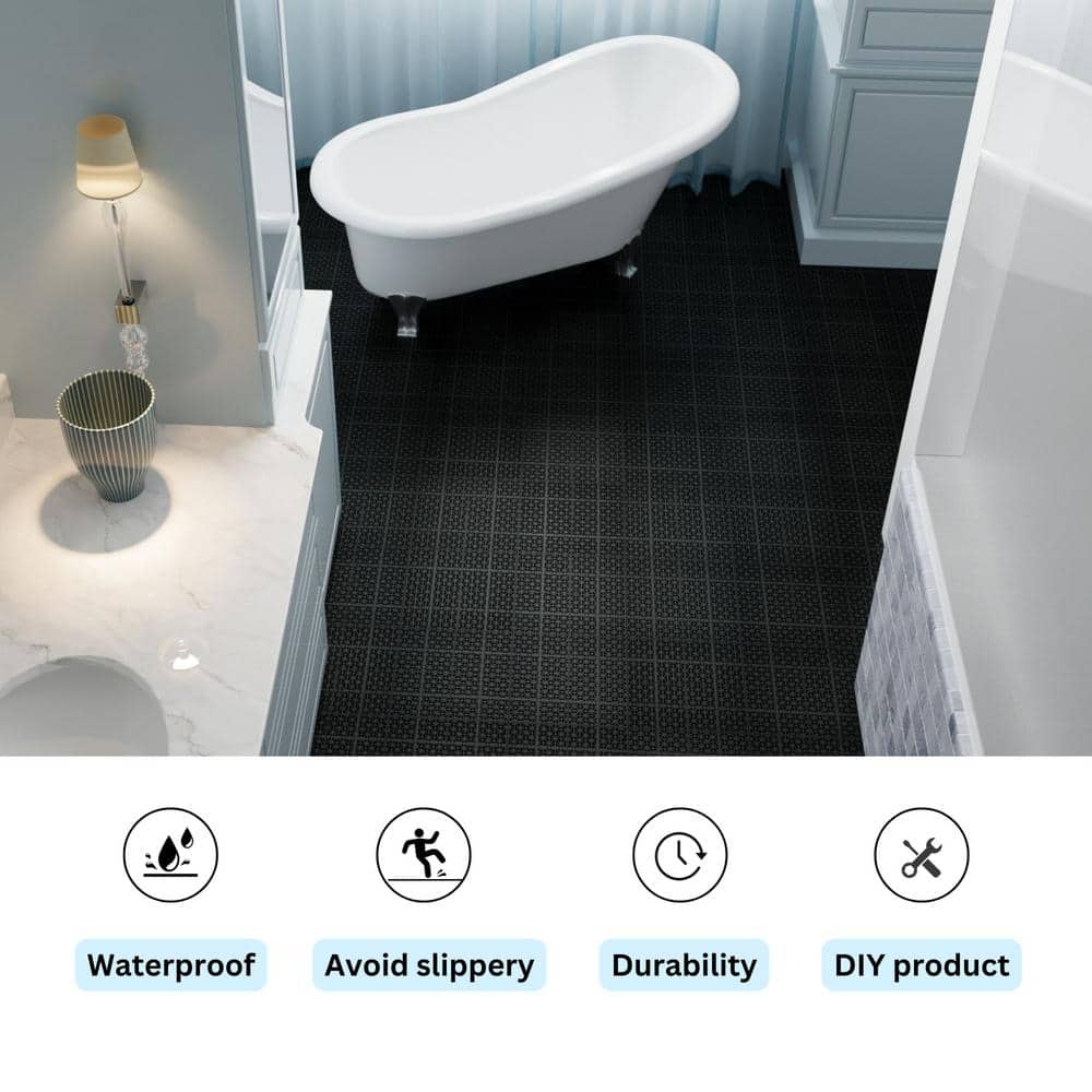LIVIZA 1 ft. x 1 ft. Anti-Slip Plastic Deck Tile in Black (12-Piece), Rosette Pattern