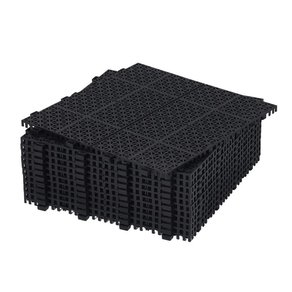 LIVIZA 1 ft. x 1 ft. Anti-Slip Plastic Deck Tile in Black (12-Piece), Rosette Pattern