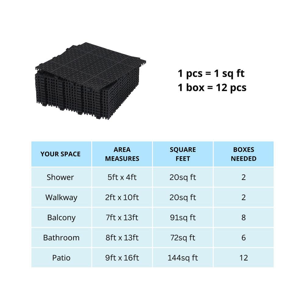LIVIZA 1 ft. x 1 ft. Anti-Slip Plastic Deck Tile in Black (12-Piece), Rosette Pattern