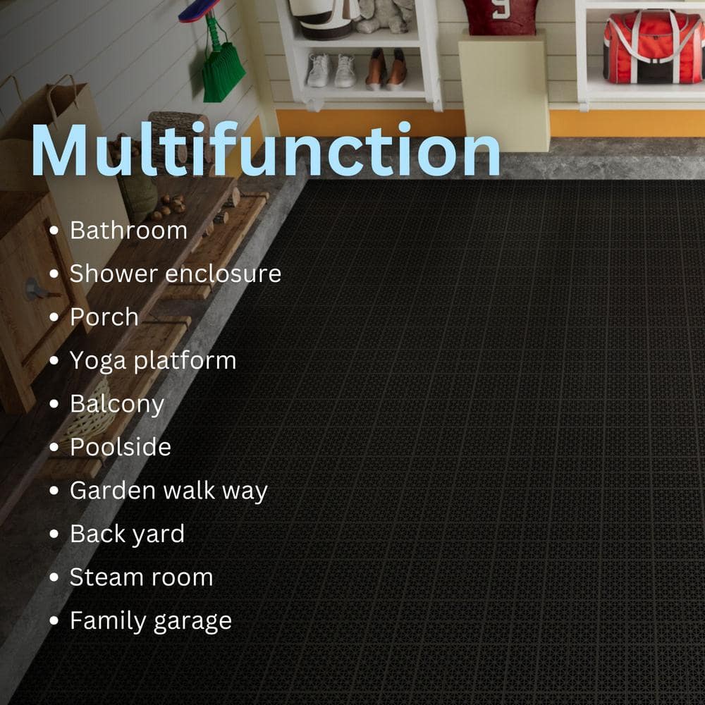 LIVIZA 1 ft. x 1 ft. Anti-Slip Plastic Deck Tile in Black (12-Piece), Rosette Pattern