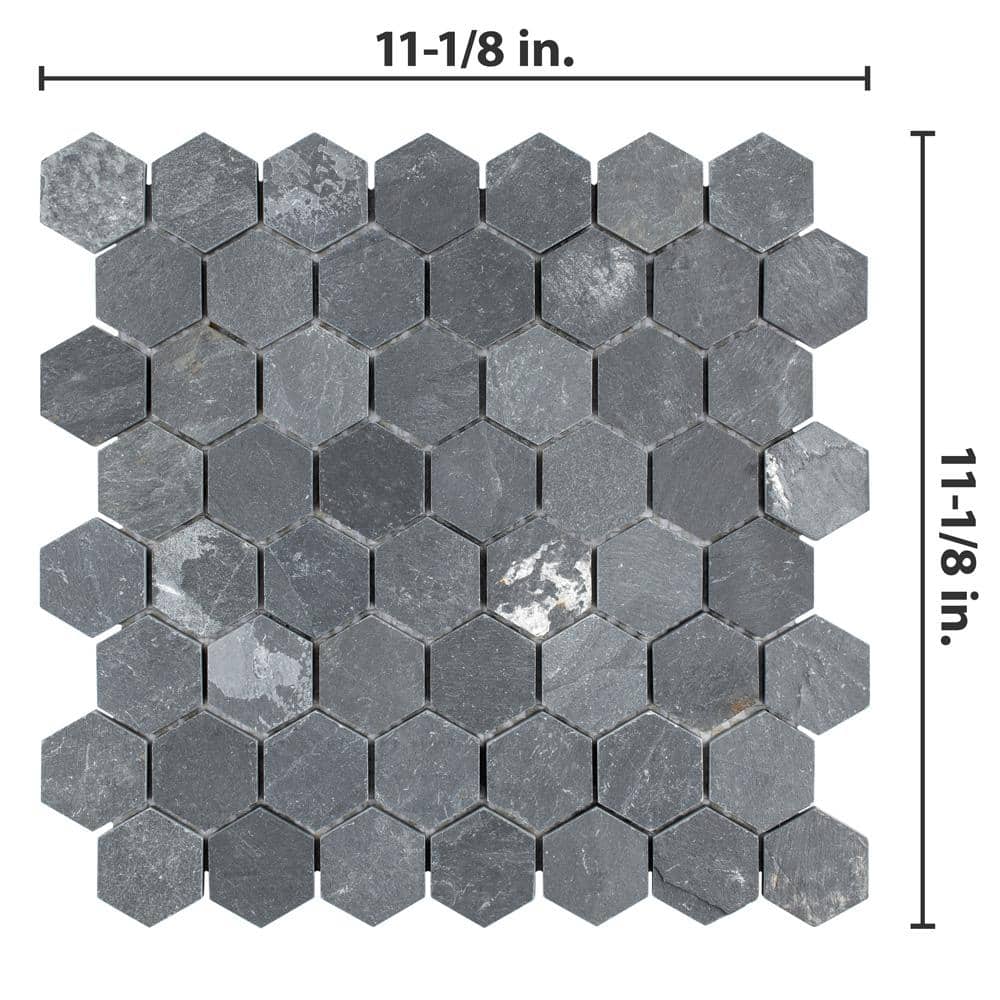 Merola Tile Crag Hexagon Black 11-1/8 in. x 11-1/8 in. x 8 mm Slate Mosaic Tile