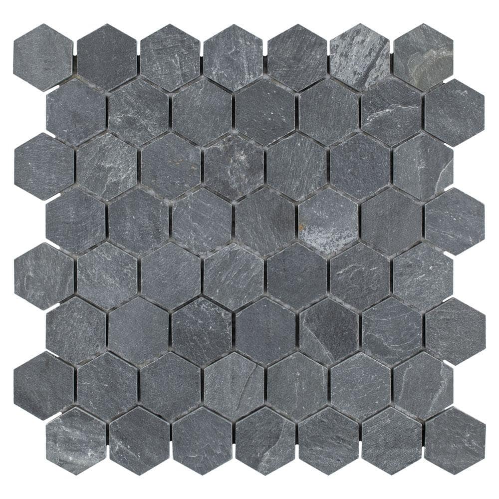 Merola Tile Crag Hexagon Black 11-1/8 in. x 11-1/8 in. x 8 mm Slate Mosaic Tile