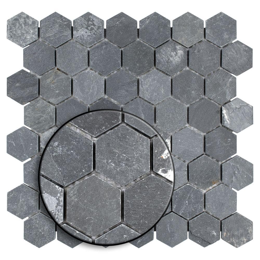 Merola Tile Crag Hexagon Black 11-1/8 in. x 11-1/8 in. x 8 mm Slate Mosaic Tile