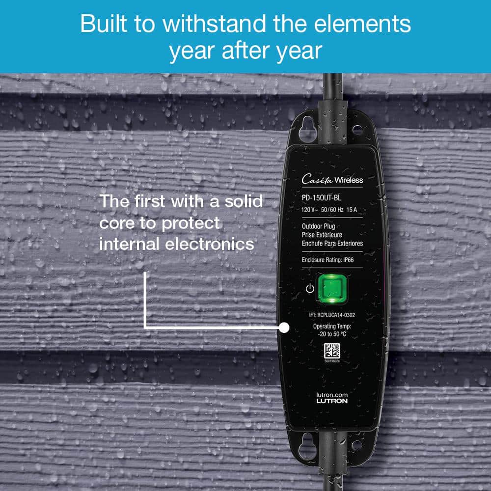 Lutron Caseta Weatherproof+ Outdoor Smart Plug with Pico Remote for Landscape/String Lights, 15A On/Off, Black (P-PKG1OUT-BL)