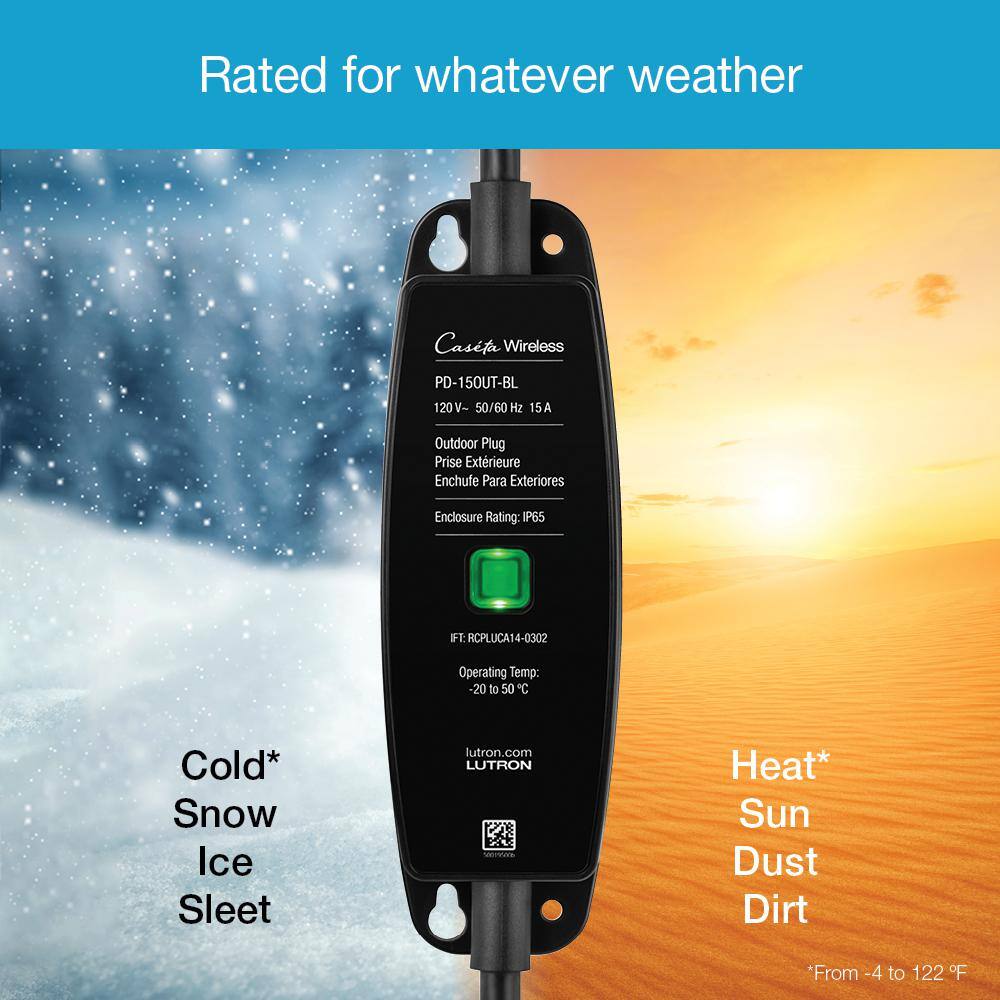 Lutron Caseta Weatherproof+ Outdoor Smart Plug with Pico Remote for Landscape/String Lights, 15A On/Off, Black (P-PKG1OUT-BL)