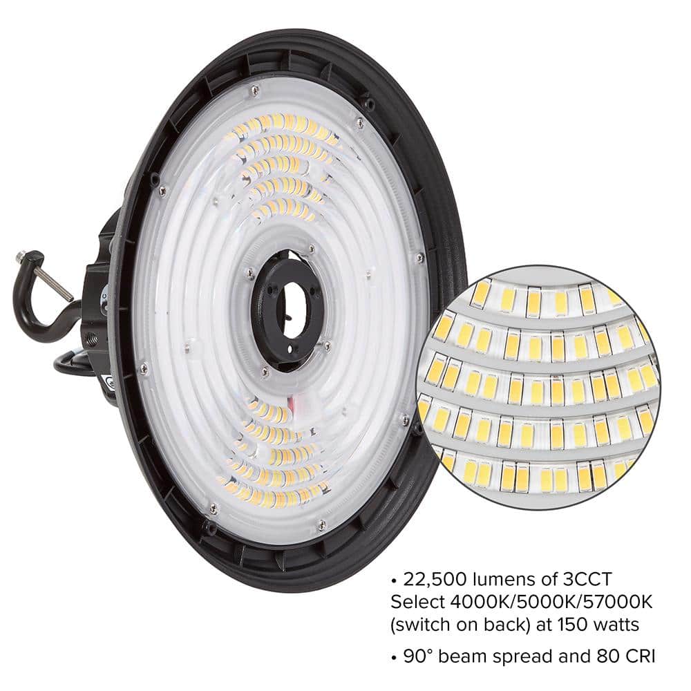 Maxxima 10 in LED UFO High Bay Light Fixture, 22,500 Lumens, 3 CCT 4000K-5700K, Selectable Wattage 100-150, Black, Hardwired