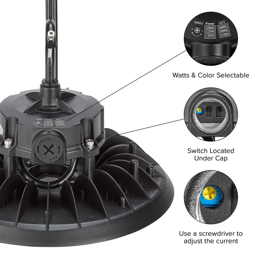 Maxxima 10 in LED UFO High Bay Light Fixture, 22,500 Lumens, 3 CCT 4000K-5700K, Selectable Wattage 100-150, Black, Hardwired
