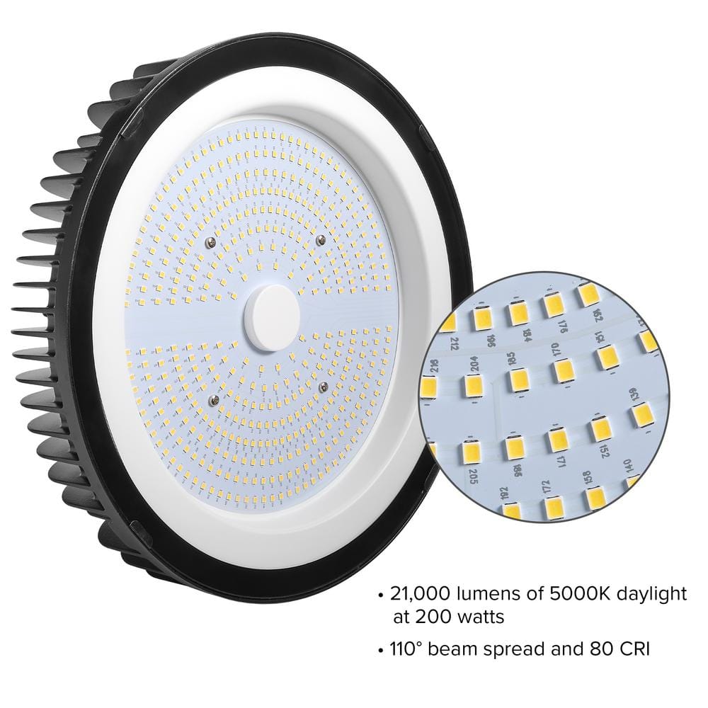 Maxxima 12 in. LED UFO High Bay Light Fixture, Black Cable Hardwired Warehouse Light, 5000K, 21,000 Lumens, 200-Watt