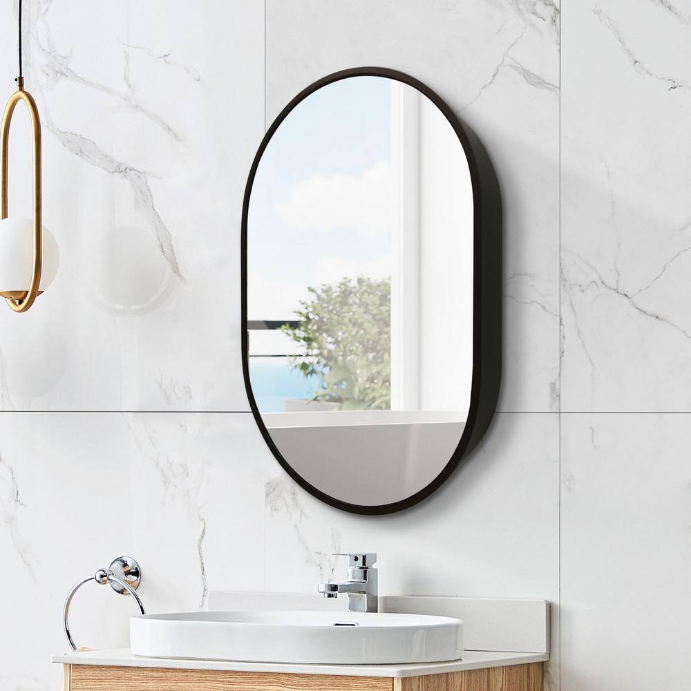 Unbranded 24 in. W x 36 in. H Black Aluminum Framed Oval Wall Mount/Recessed Bathroom Medicine Cabinet with Mirror