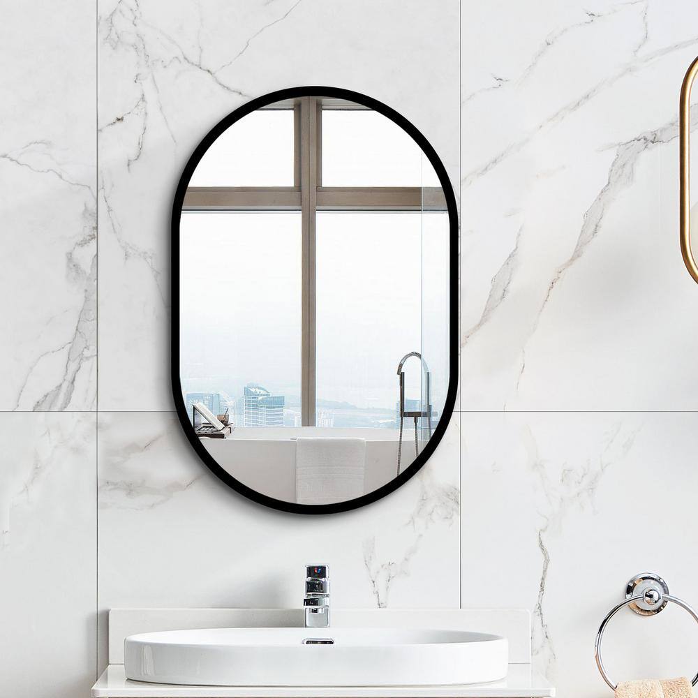 Unbranded 24 in. W x 36 in. H Black Aluminum Framed Oval Wall Mount/Recessed Bathroom Medicine Cabinet with Mirror