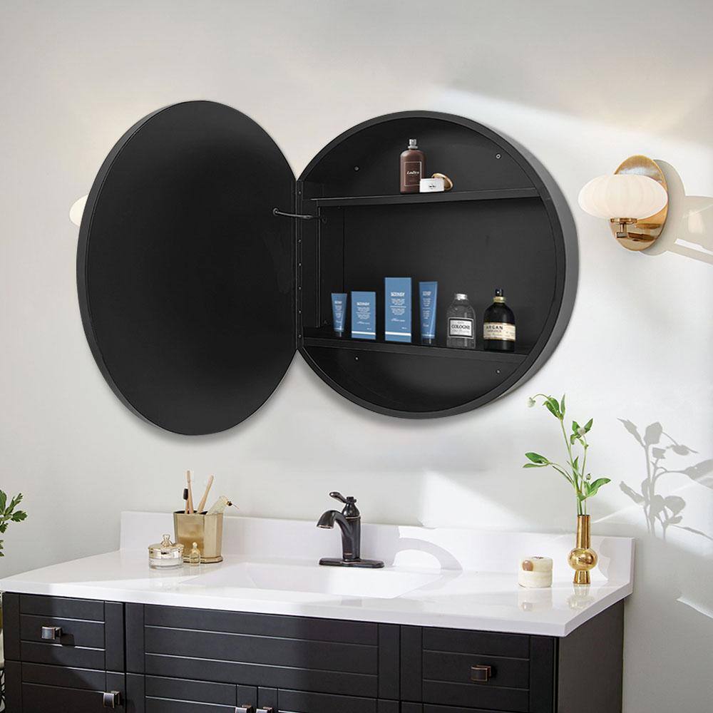 30 in. W x 30 in. H Round Black Aluminium Medicine Cabinet with Mirror
